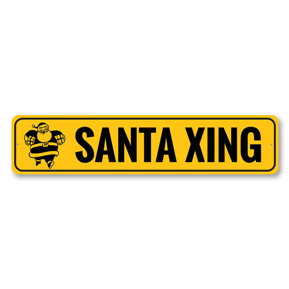 Santa Xing Holiday Sign featuring festive design, made of durable aluminum, perfect for Christmas decorations.