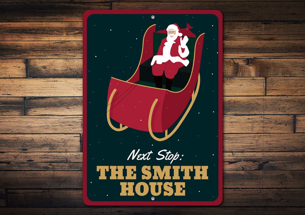 A festive Santa's Sleigh Sign made of high-quality aluminum, featuring a charming design perfect for Christmas decorations.