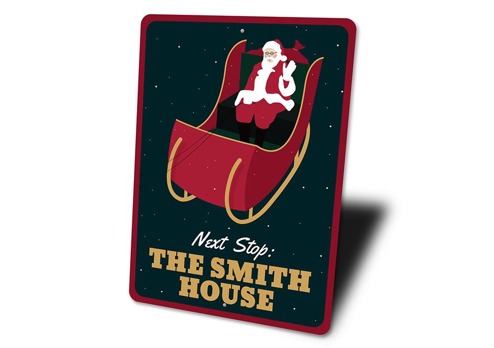 A festive Santa's Sleigh Sign made of high-quality aluminum, featuring a charming design perfect for Christmas decorations.