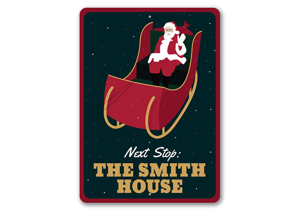 A festive Santa's Sleigh Sign made of high-quality aluminum, featuring a charming design perfect for Christmas decorations.