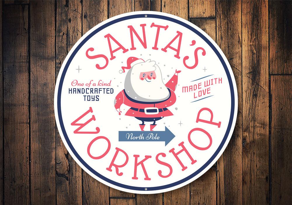 Santa's Workshop Christmas Sign featuring festive design and customizable text, made from high-quality aluminum.