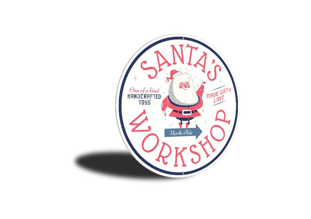 Santa's Workshop Christmas Sign featuring festive design and customizable text, made from high-quality aluminum.