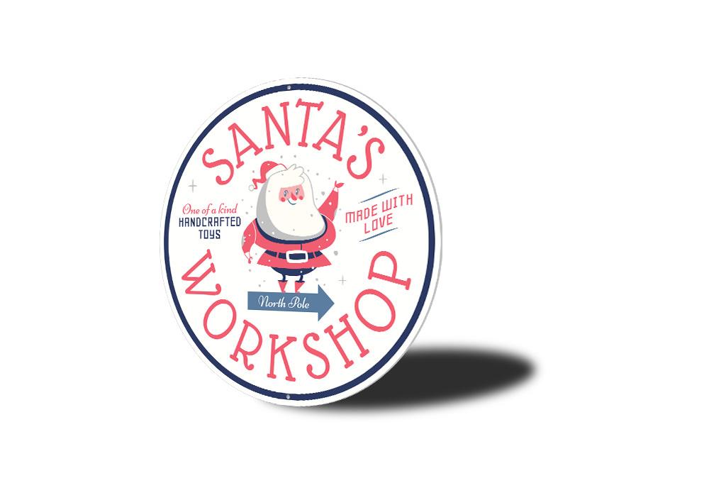 Santa's Workshop Christmas Sign featuring festive design and customizable text, made from high-quality aluminum.