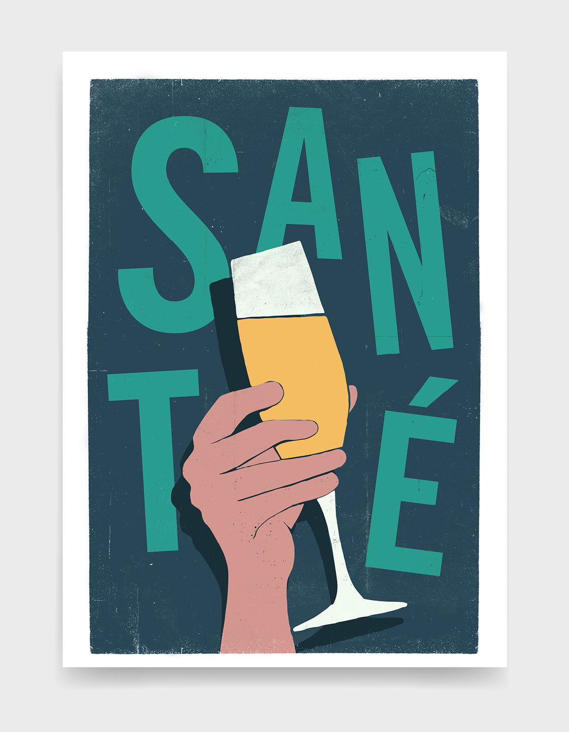 A stylish 'Sante' kitchen art poster featuring elegant typography and a bubbly design, perfect for home bars.