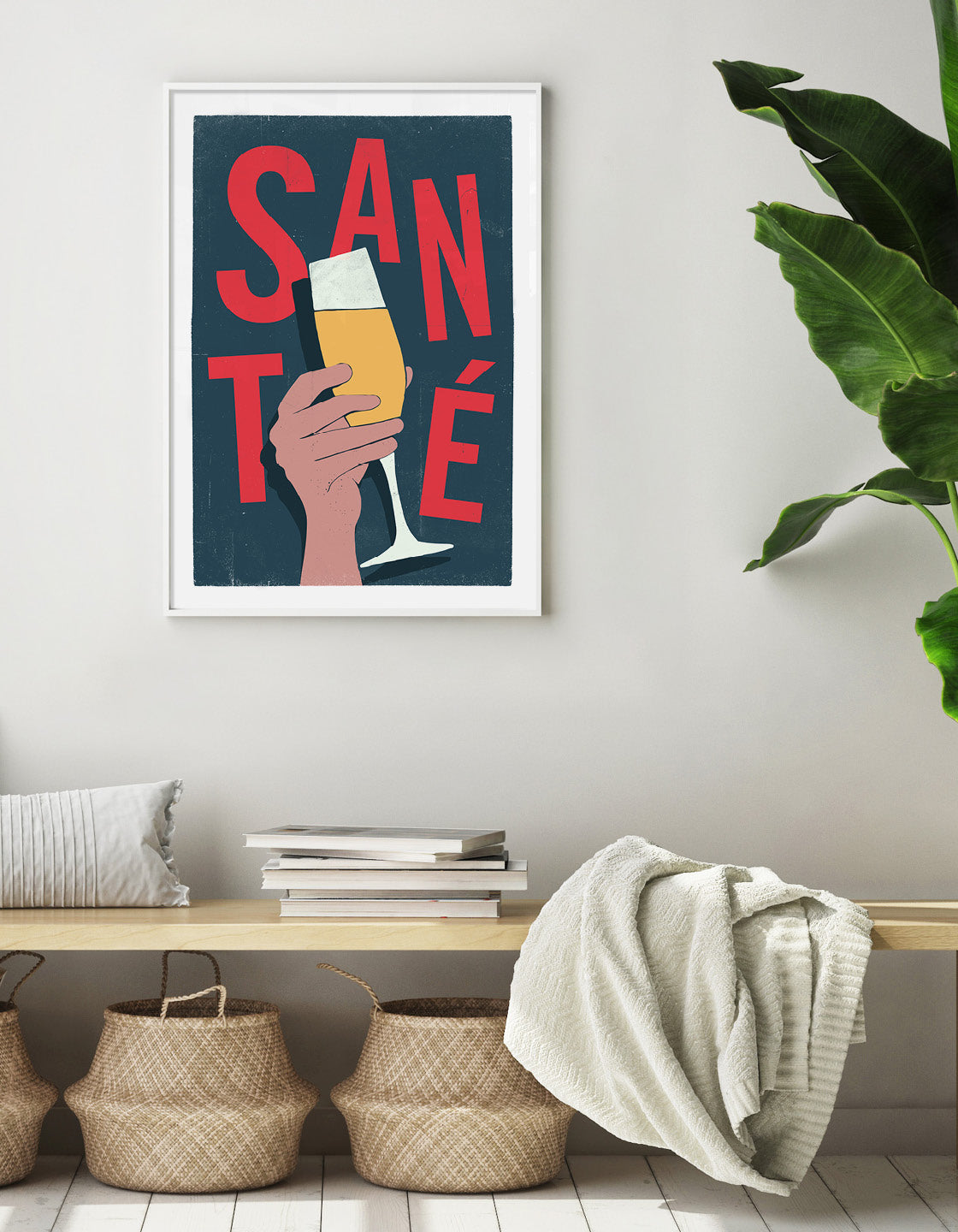 A stylish 'Sante' kitchen art poster featuring elegant typography and a bubbly design, perfect for home bars.