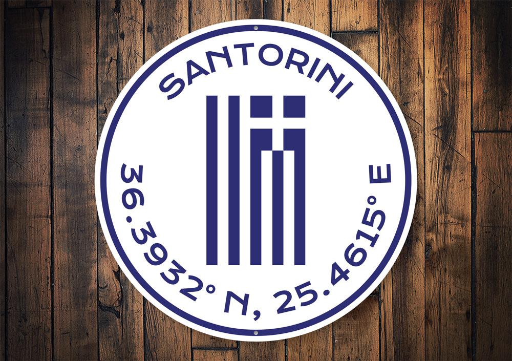 A beautifully crafted Santorini Sign made of high-quality aluminum, featuring customizable text and pre-drilled holes for easy mounting.