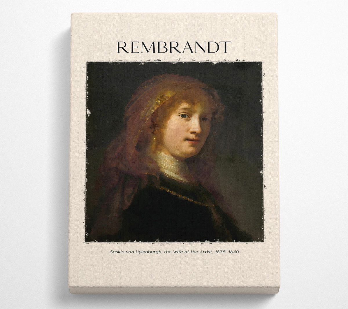 Canvas print of Saskia Van Uylenburgh by Rembrandt, mounted on a box frame, showcasing vibrant colors and intricate details.