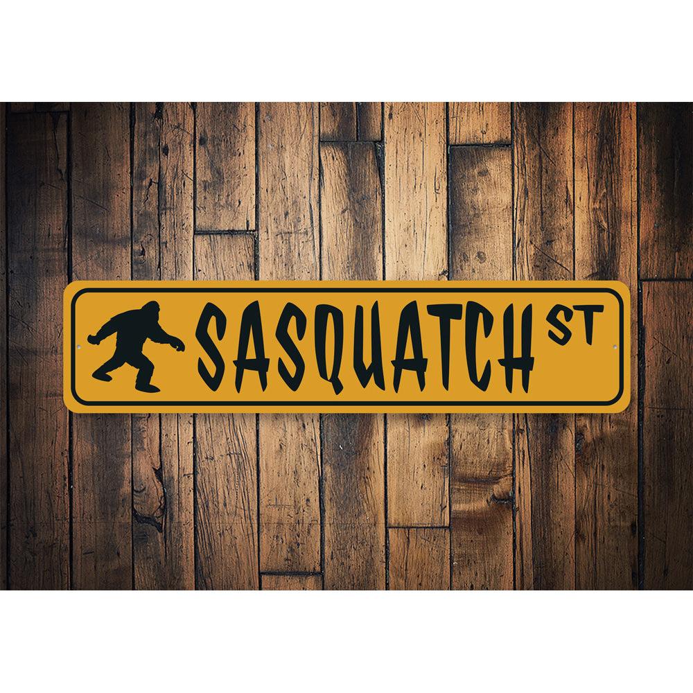 Sasquatch Street Sign made of quality aluminum, featuring a whimsical Sasquatch design, perfect for home decor.