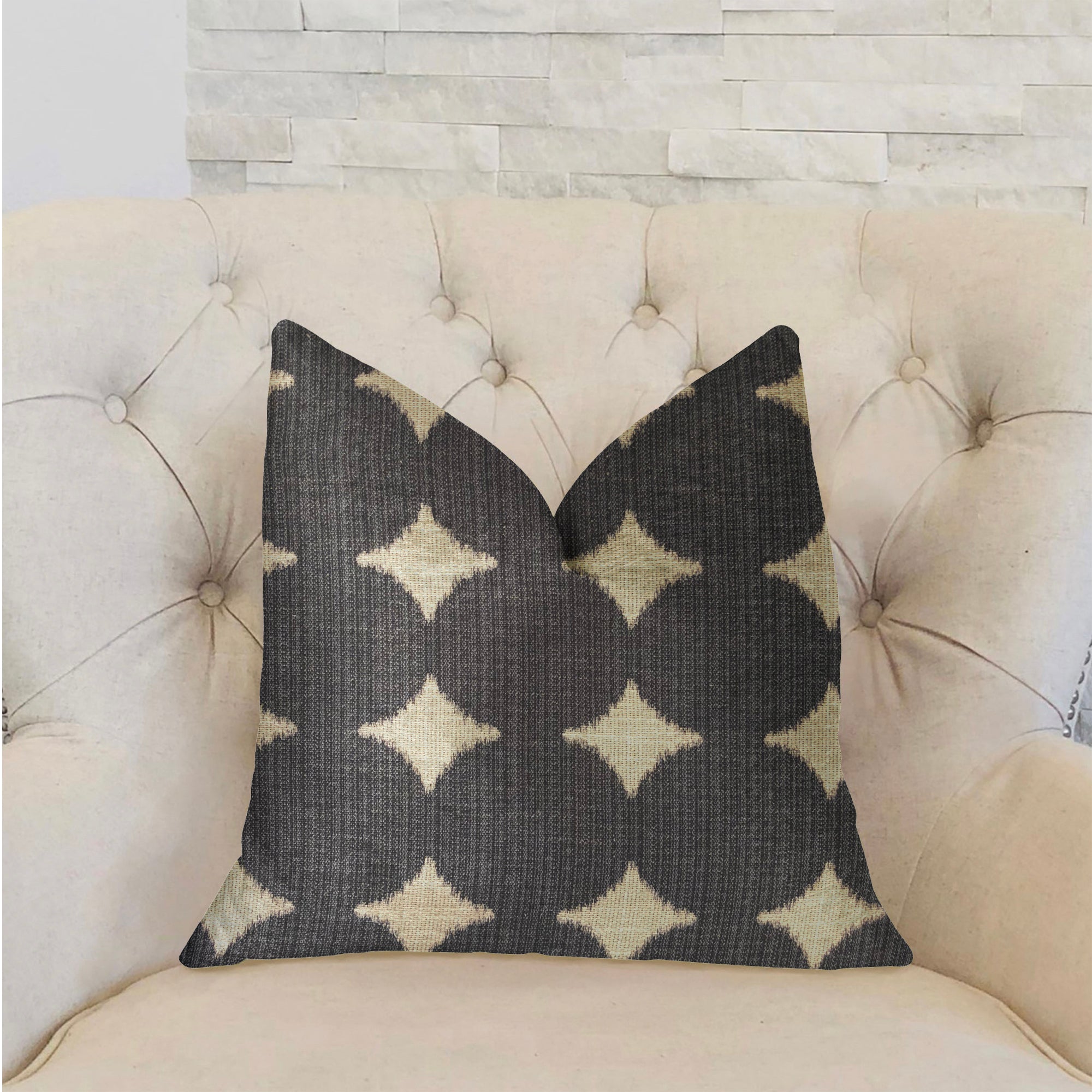 Savannah Black and Beige Luxury Throw Pillow featuring a geometric pattern, handmade in the USA with an invisible zipper and hypoallergenic fill.