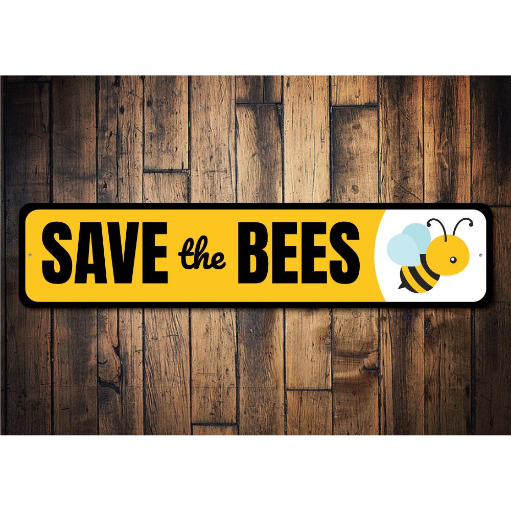 A decorative Save the Bees Sign made of high-quality aluminum, featuring a vibrant design promoting bee conservation.