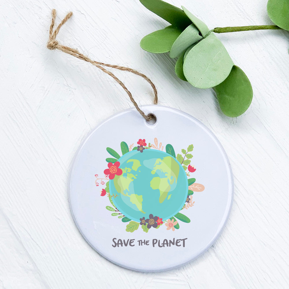 Save the Planet ornament made of high-quality porcelain with a vibrant design, measuring 2.75 inches in diameter.