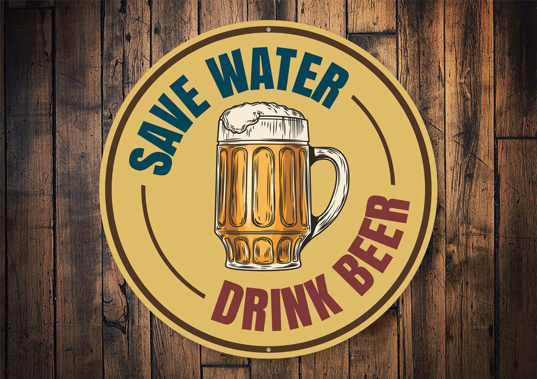 A humorous 'Save Water, Drink Beer' decorative sign made of aluminum, featuring vibrant colors and a playful design, perfect for home decor.