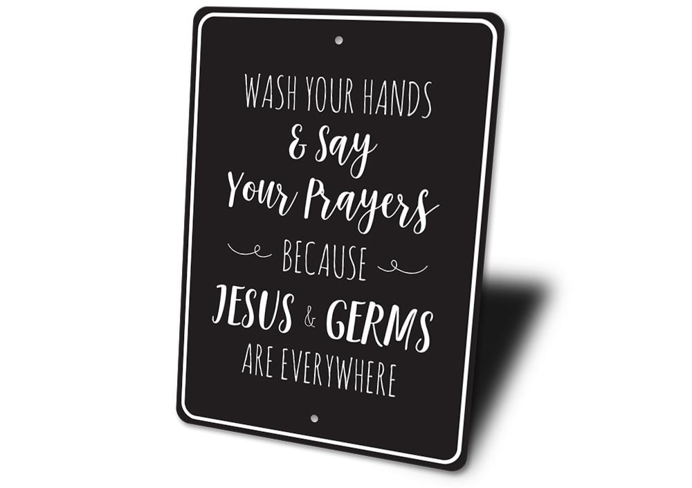 Customizable Say Your Prayers Sign made of high-quality aluminum, featuring pre-drilled holes for easy mounting.