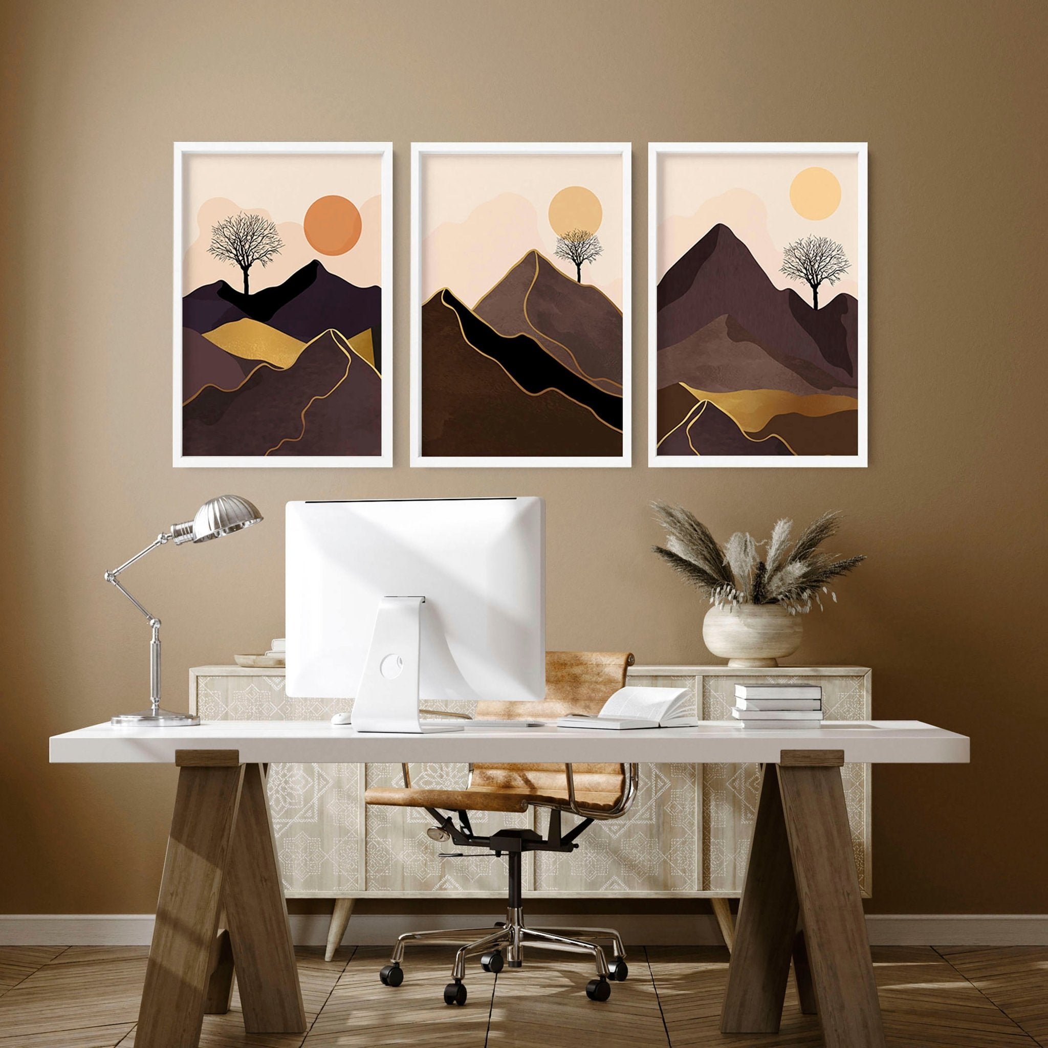 Set of 3 Scandinavian wall art prints featuring a Nordic Sunset landscape in warm tones, perfect for office decor.