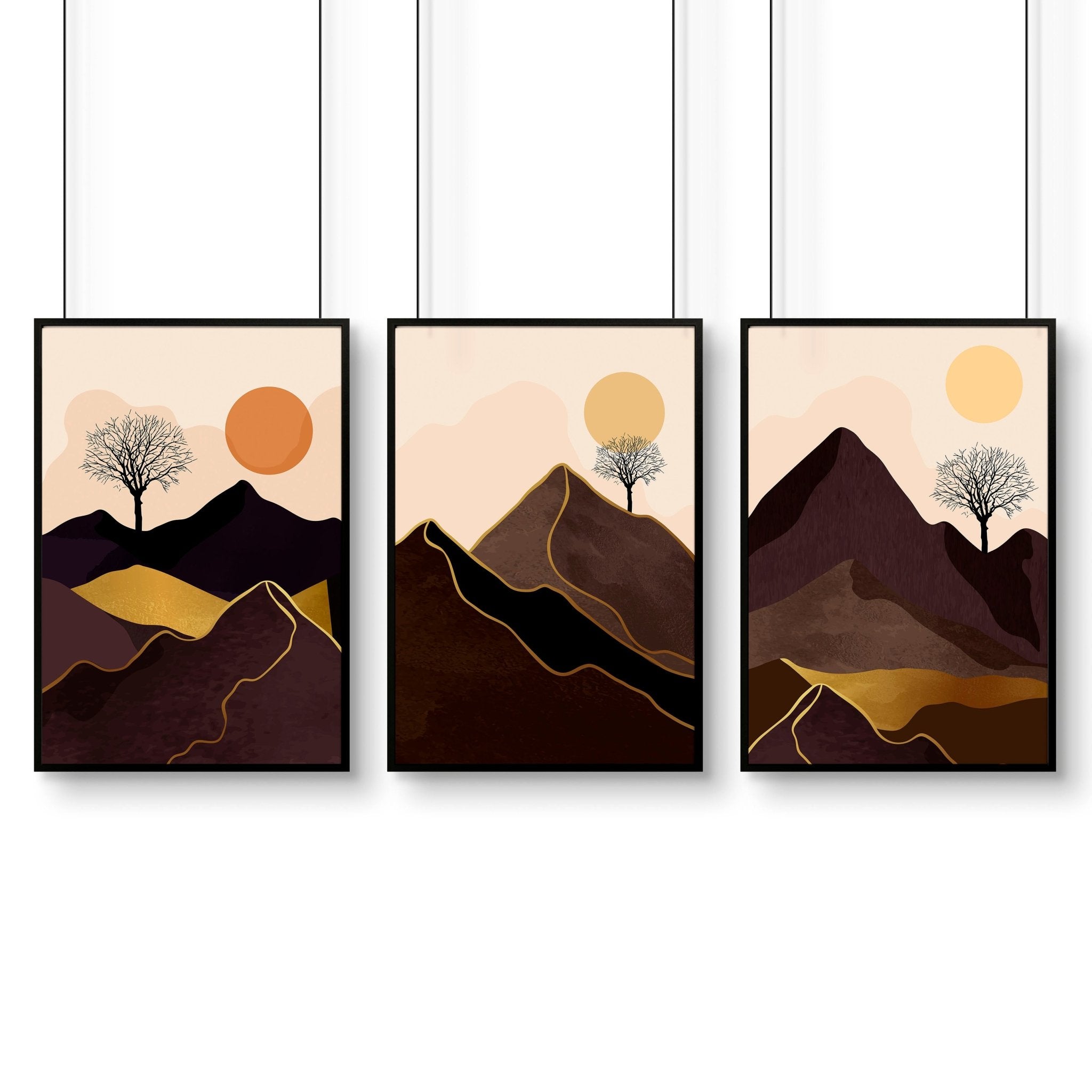 Set of 3 Scandinavian wall art prints featuring a Nordic Sunset landscape in warm tones, perfect for office decor.