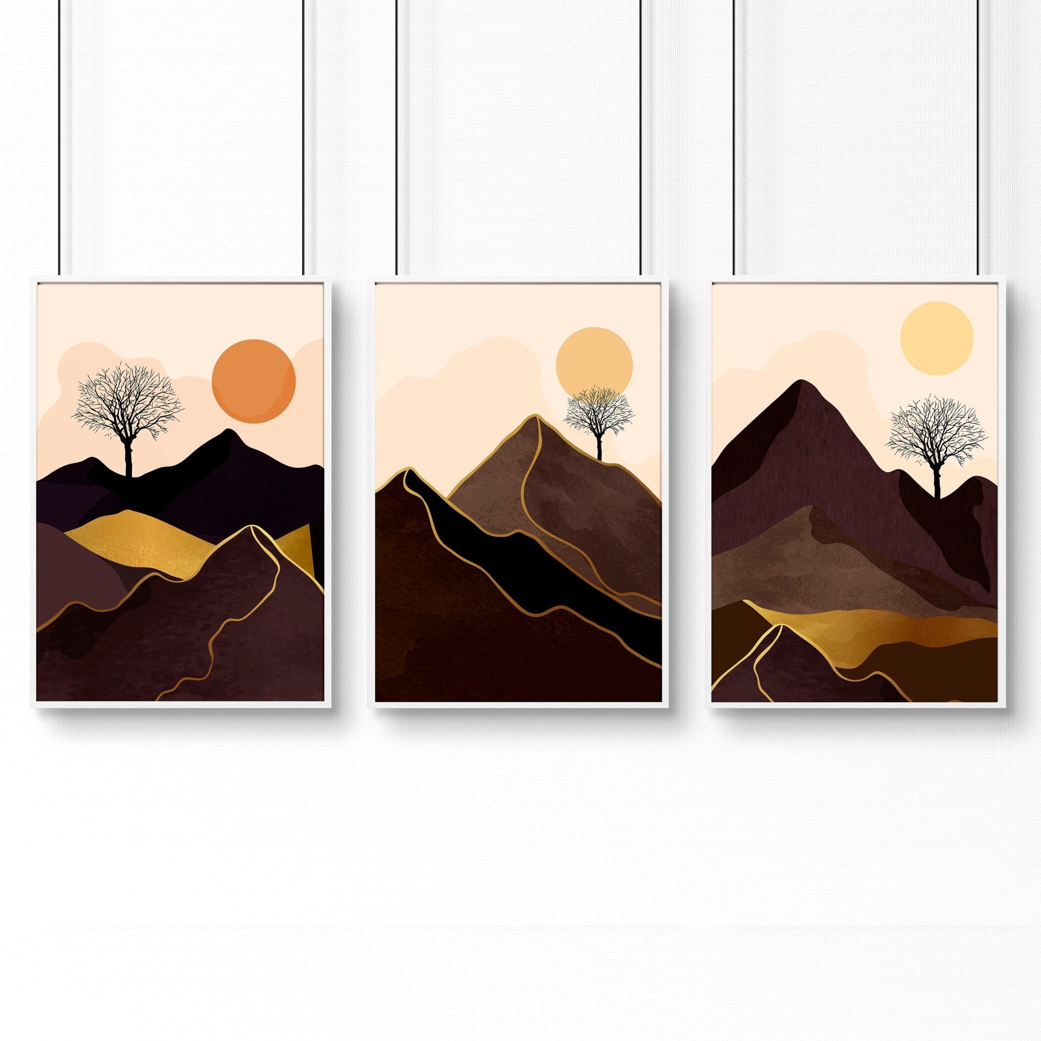 Set of 3 Scandinavian wall art prints featuring a Nordic Sunset landscape in warm tones, perfect for office decor.