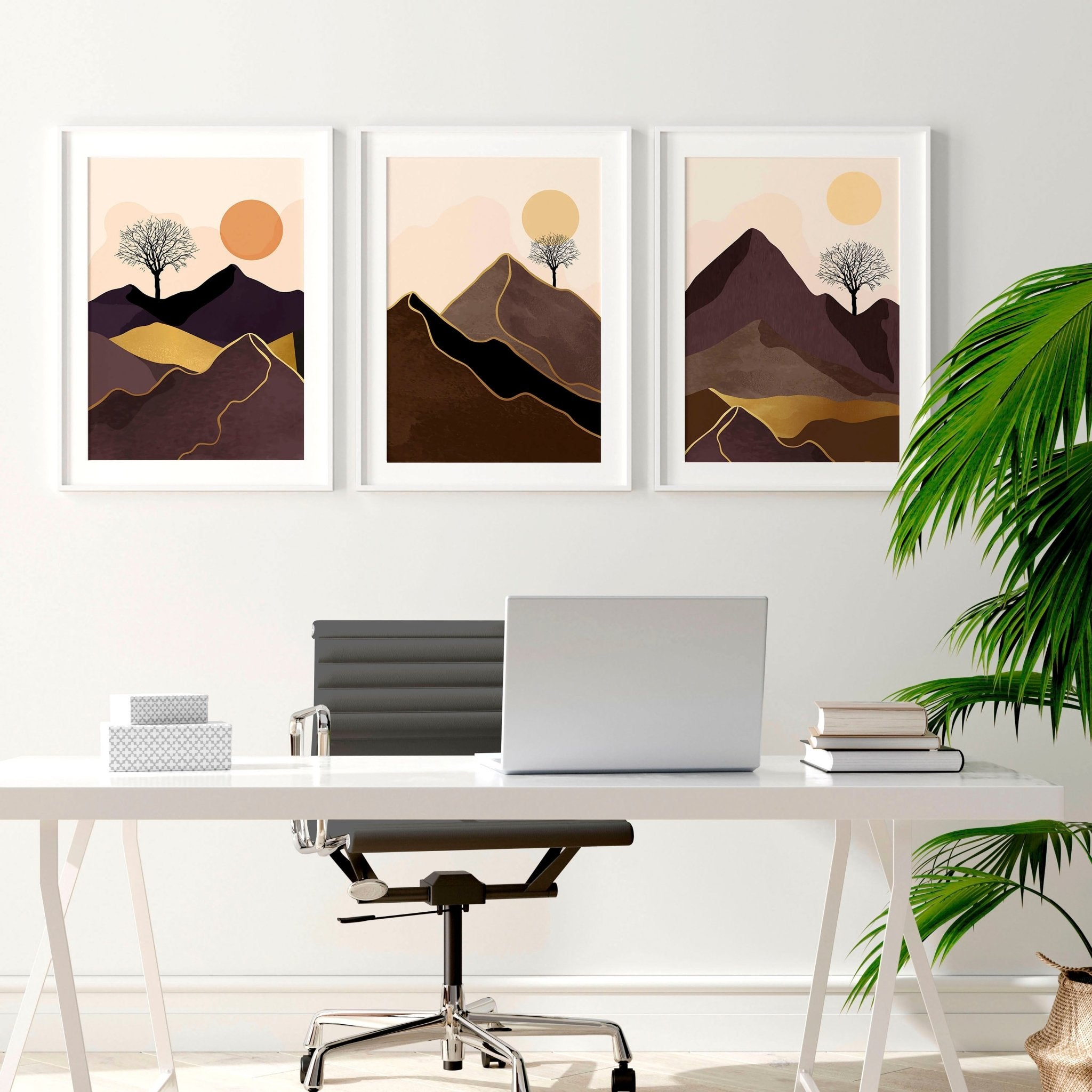 Set of 3 Scandinavian wall art prints featuring a Nordic Sunset landscape in warm tones, perfect for office decor.