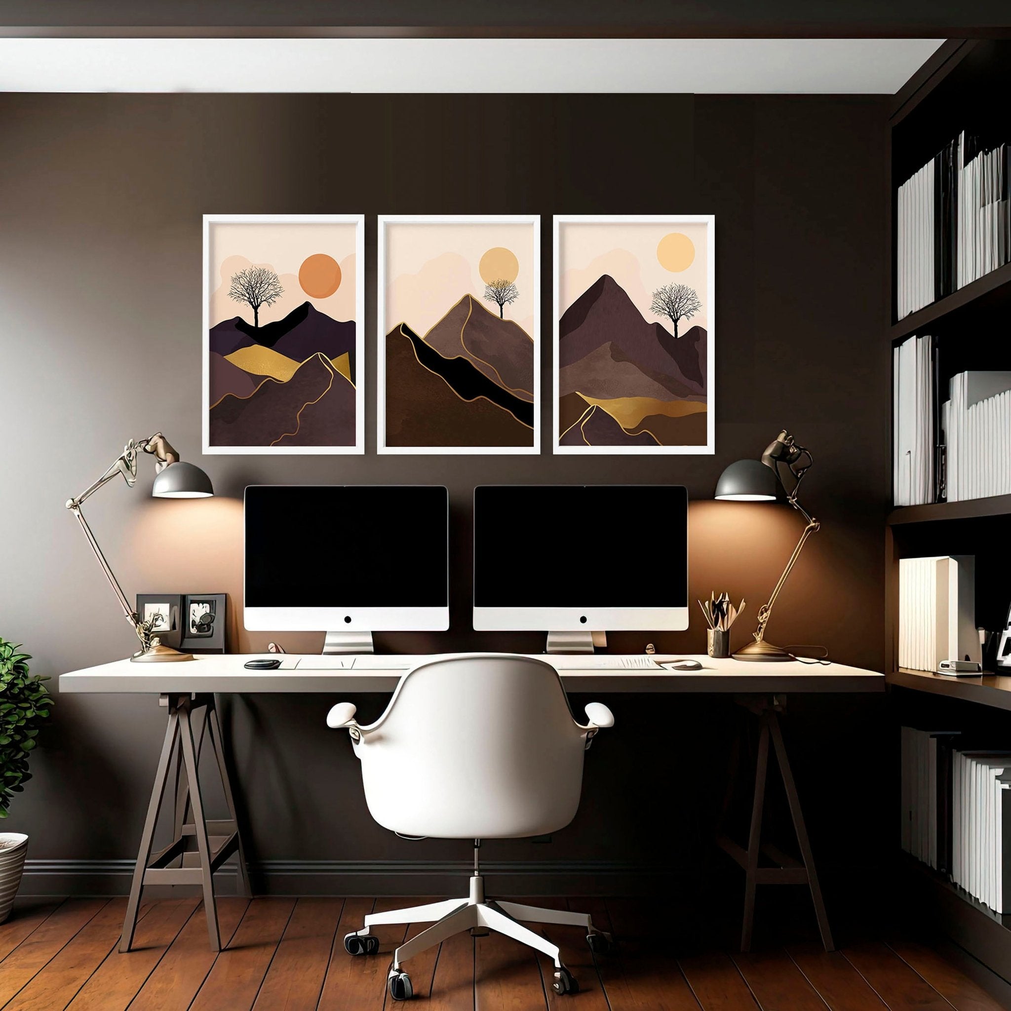 Set of 3 Scandinavian wall art prints featuring a Nordic Sunset landscape in warm tones, perfect for office decor.