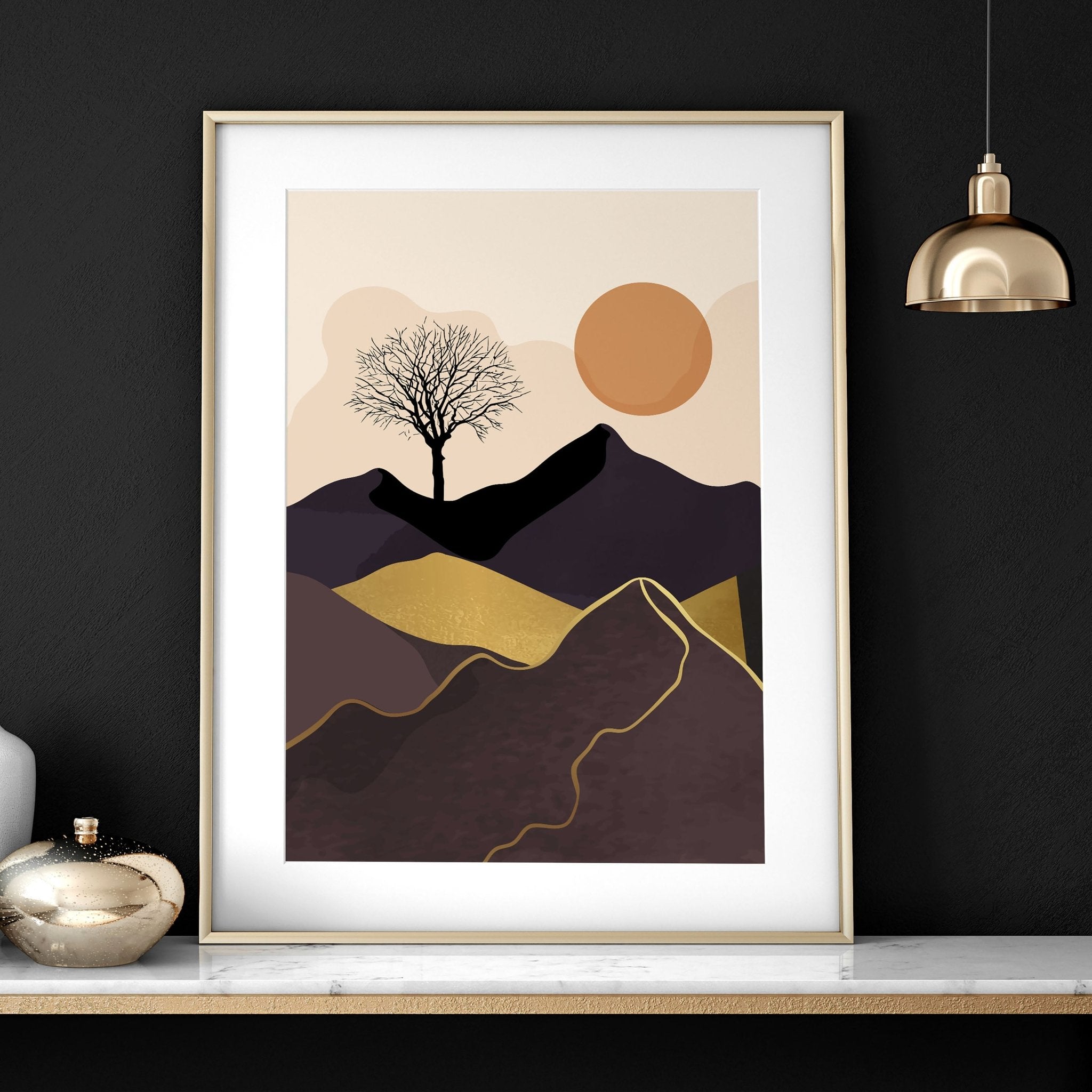 Set of 3 Scandinavian wall art prints featuring a Nordic Sunset landscape in warm tones, perfect for office decor.