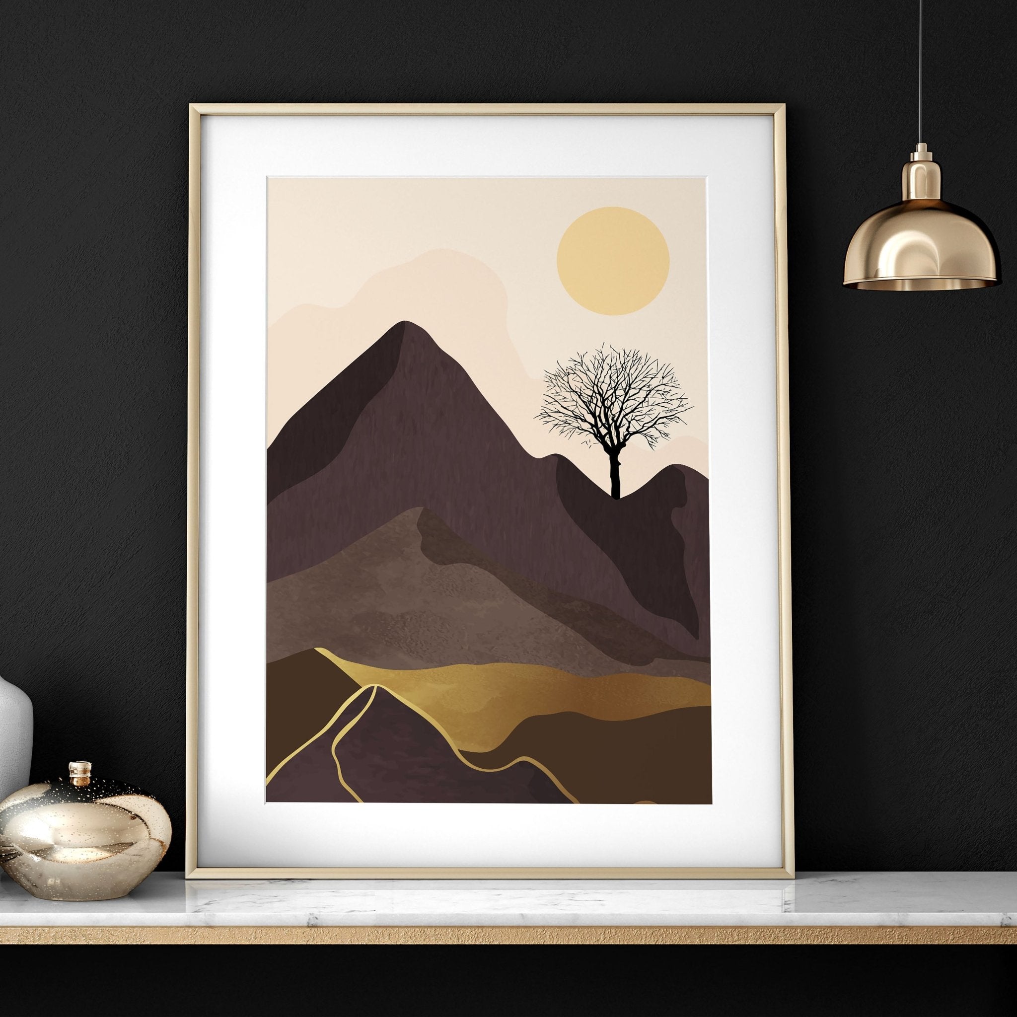 Set of 3 Scandinavian wall art prints featuring a Nordic Sunset landscape in warm tones, perfect for office decor.