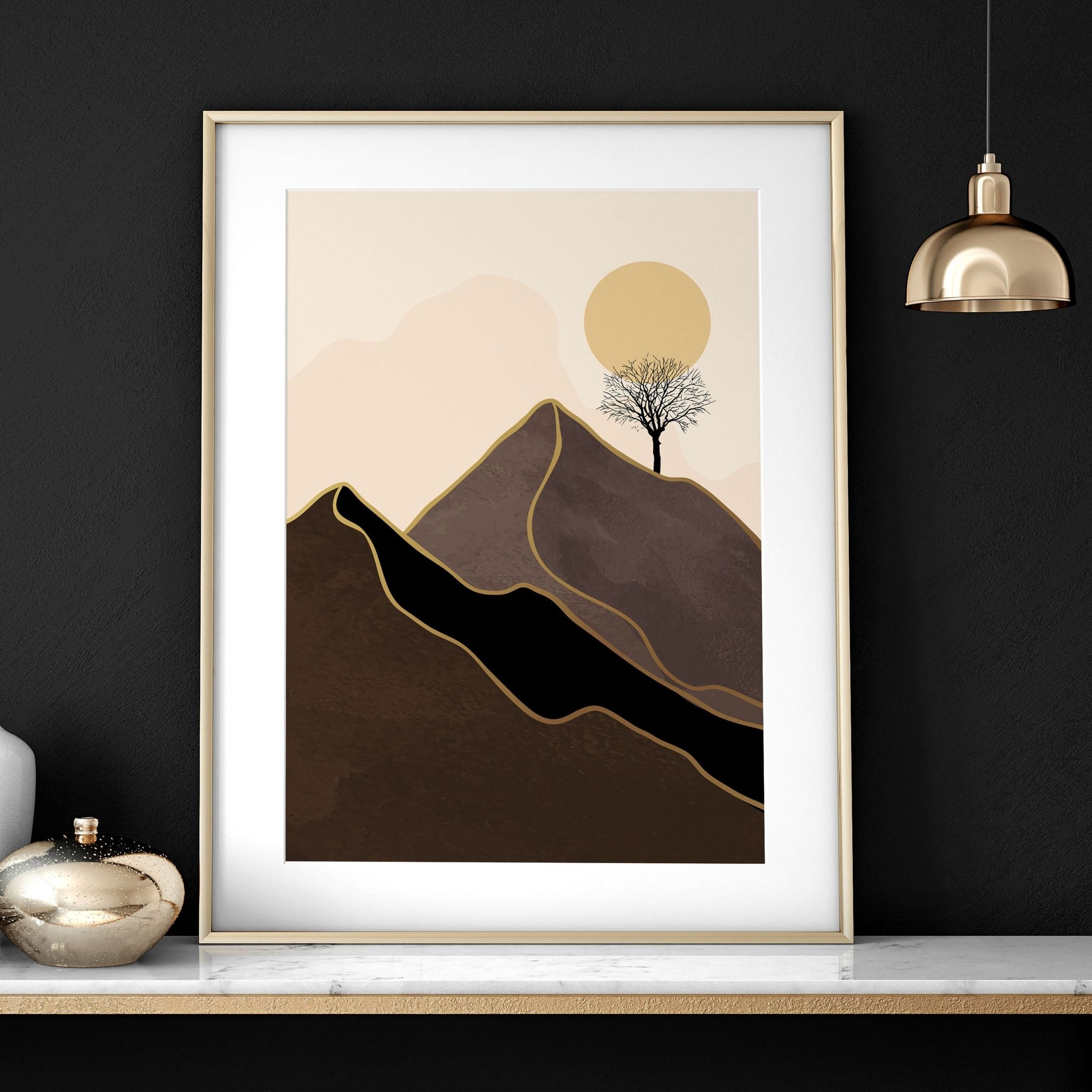 Set of 3 Scandinavian wall art prints featuring a Nordic Sunset landscape in warm tones, perfect for office decor.