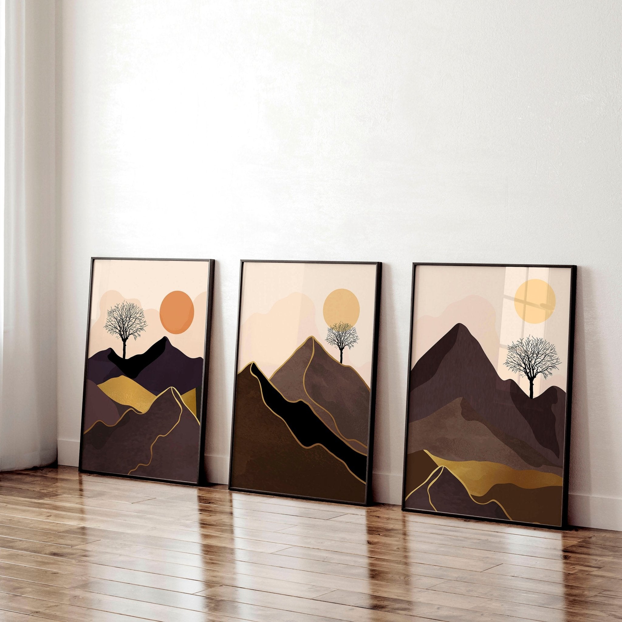 Set of 3 Scandinavian wall art prints featuring a Nordic Sunset landscape in warm tones, perfect for office decor.