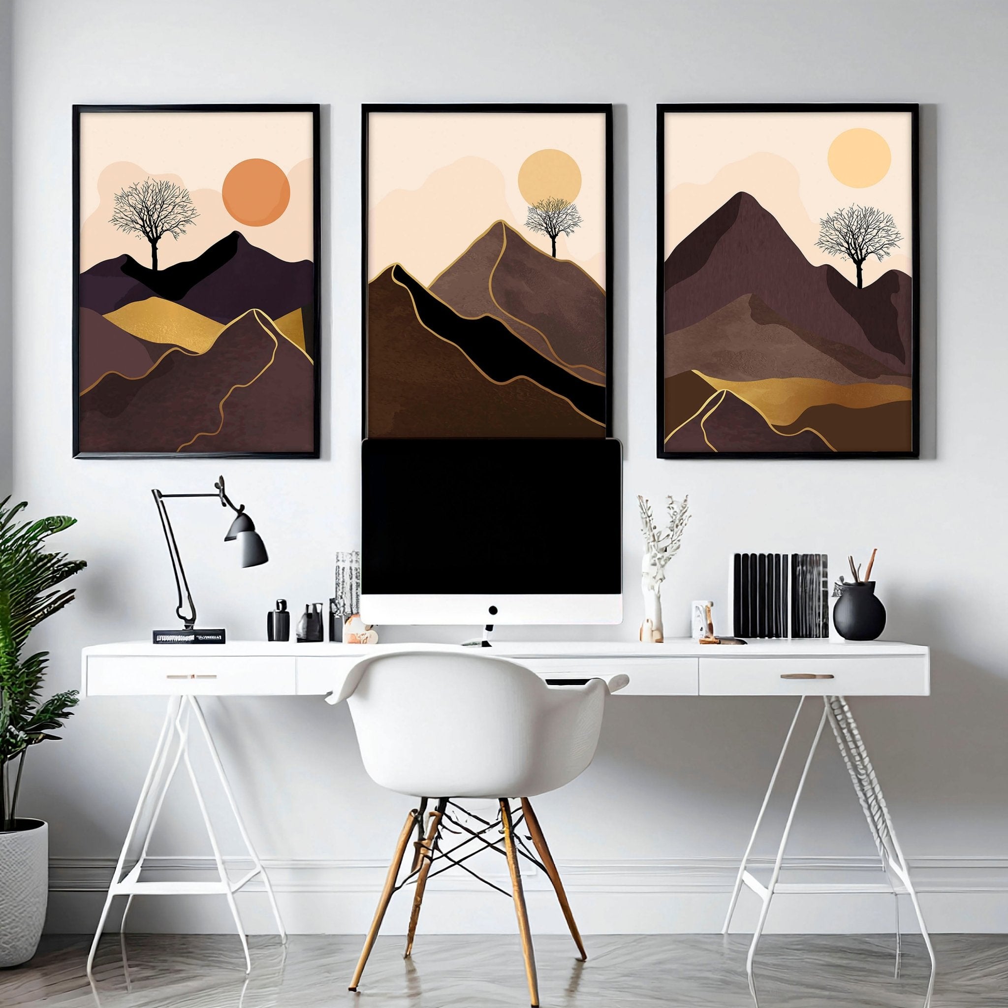 Set of 3 Scandinavian wall art prints featuring a Nordic Sunset landscape in warm tones, perfect for office decor.