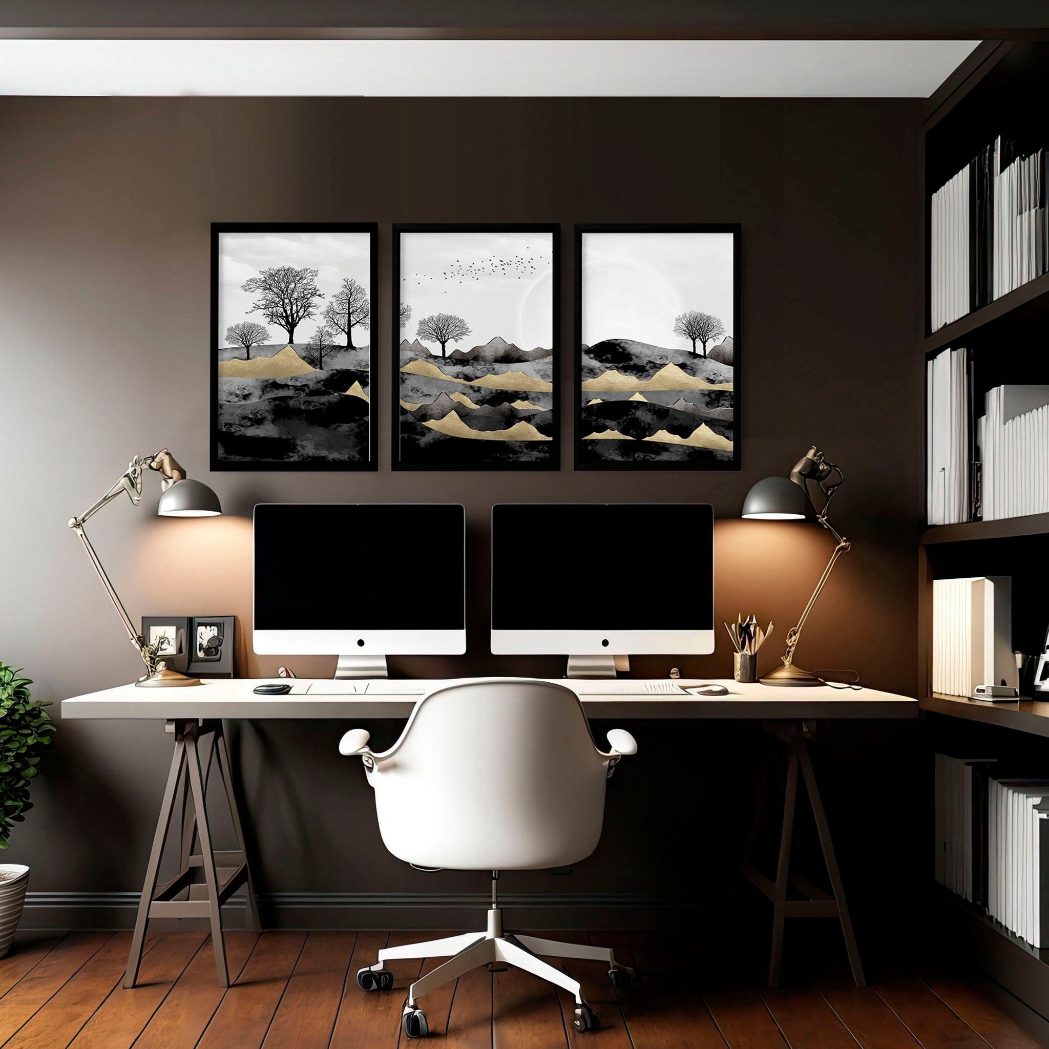 Set of 3 Scandinavian wall art prints featuring a Dark Nordic Forest Landscape, showcasing minimalistic design with black, grey, and gold tones.