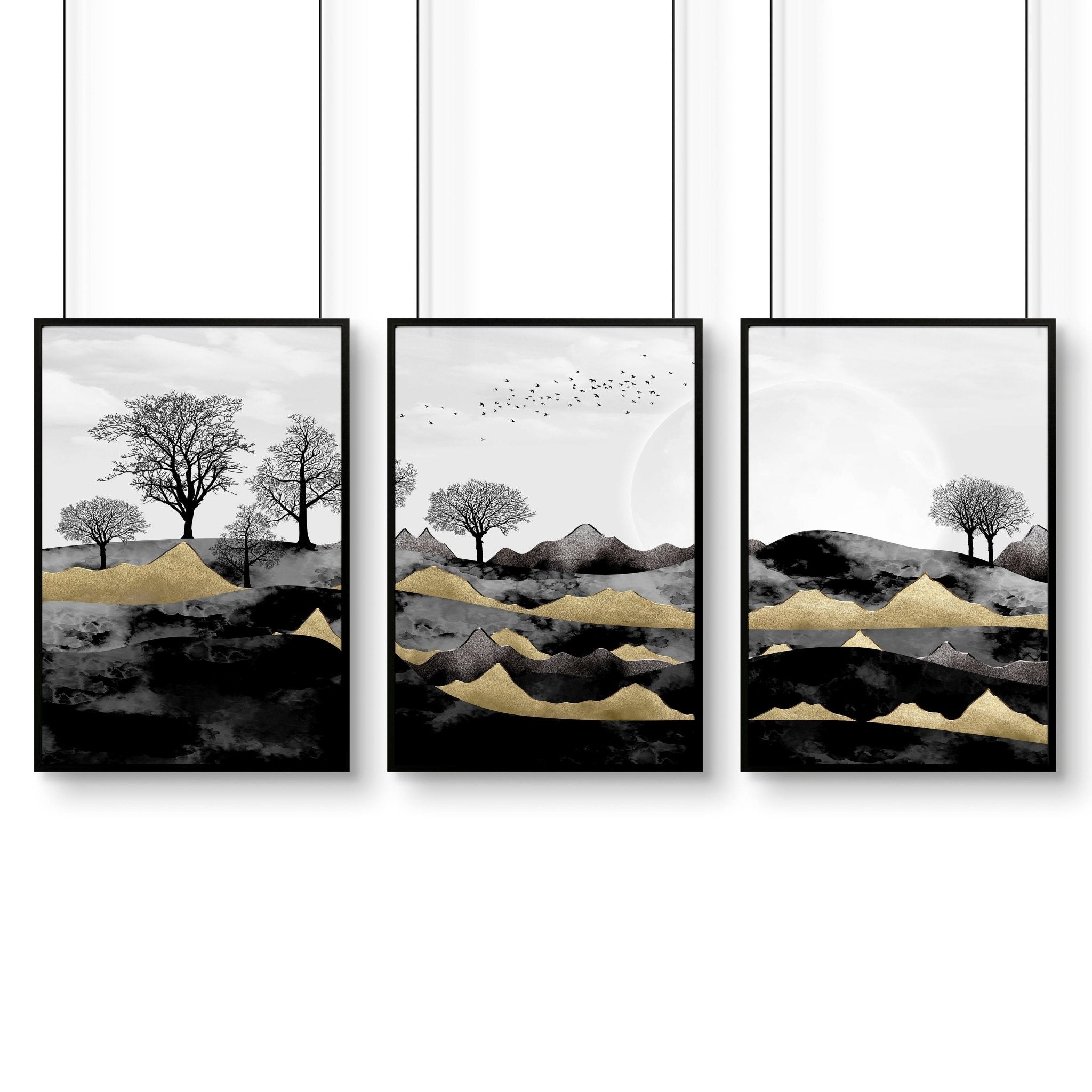 Set of 3 Scandinavian wall art prints featuring a Dark Nordic Forest Landscape, showcasing minimalistic design with black, grey, and gold tones.