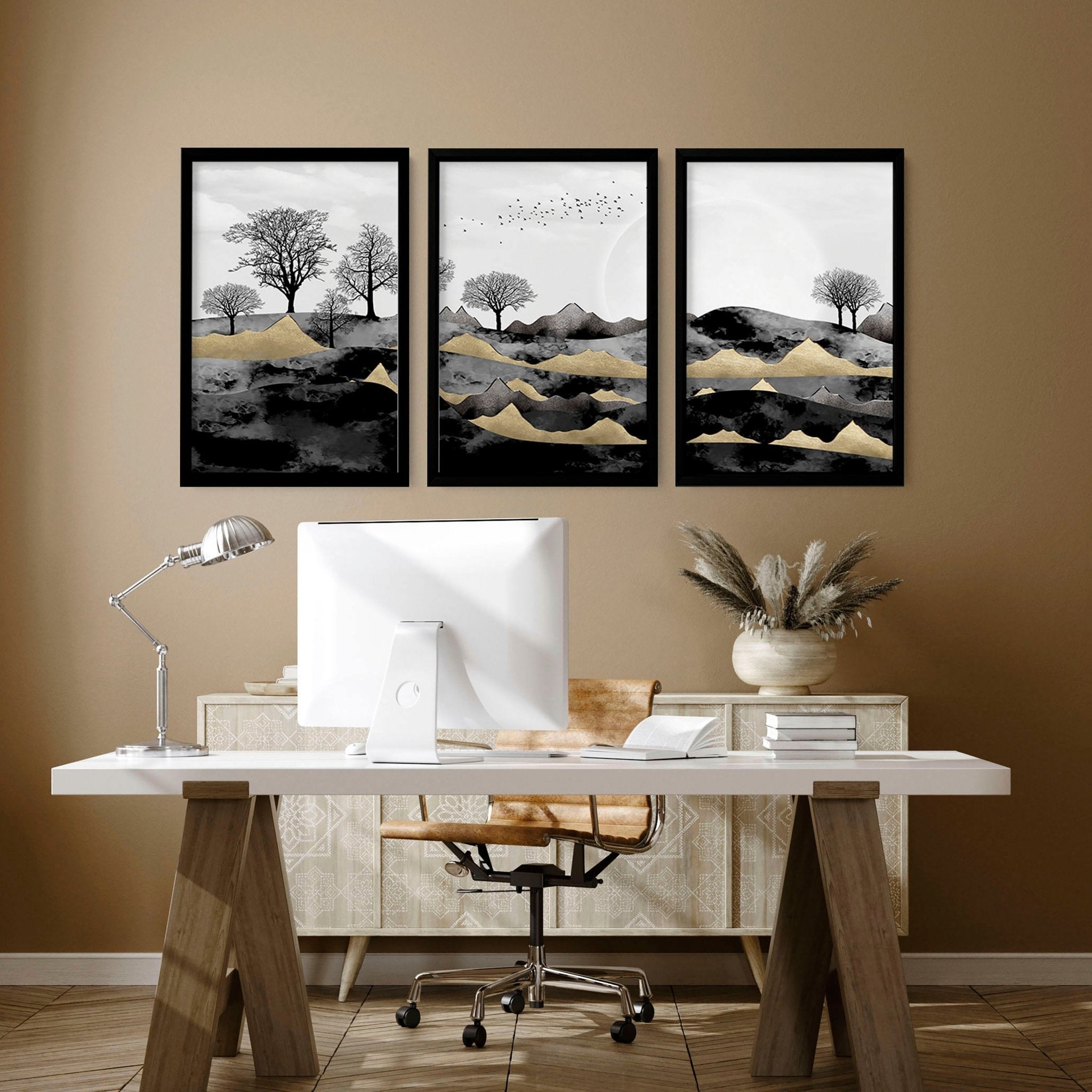 Set of 3 Scandinavian wall art prints featuring a Dark Nordic Forest Landscape, showcasing minimalistic design with black, grey, and gold tones.