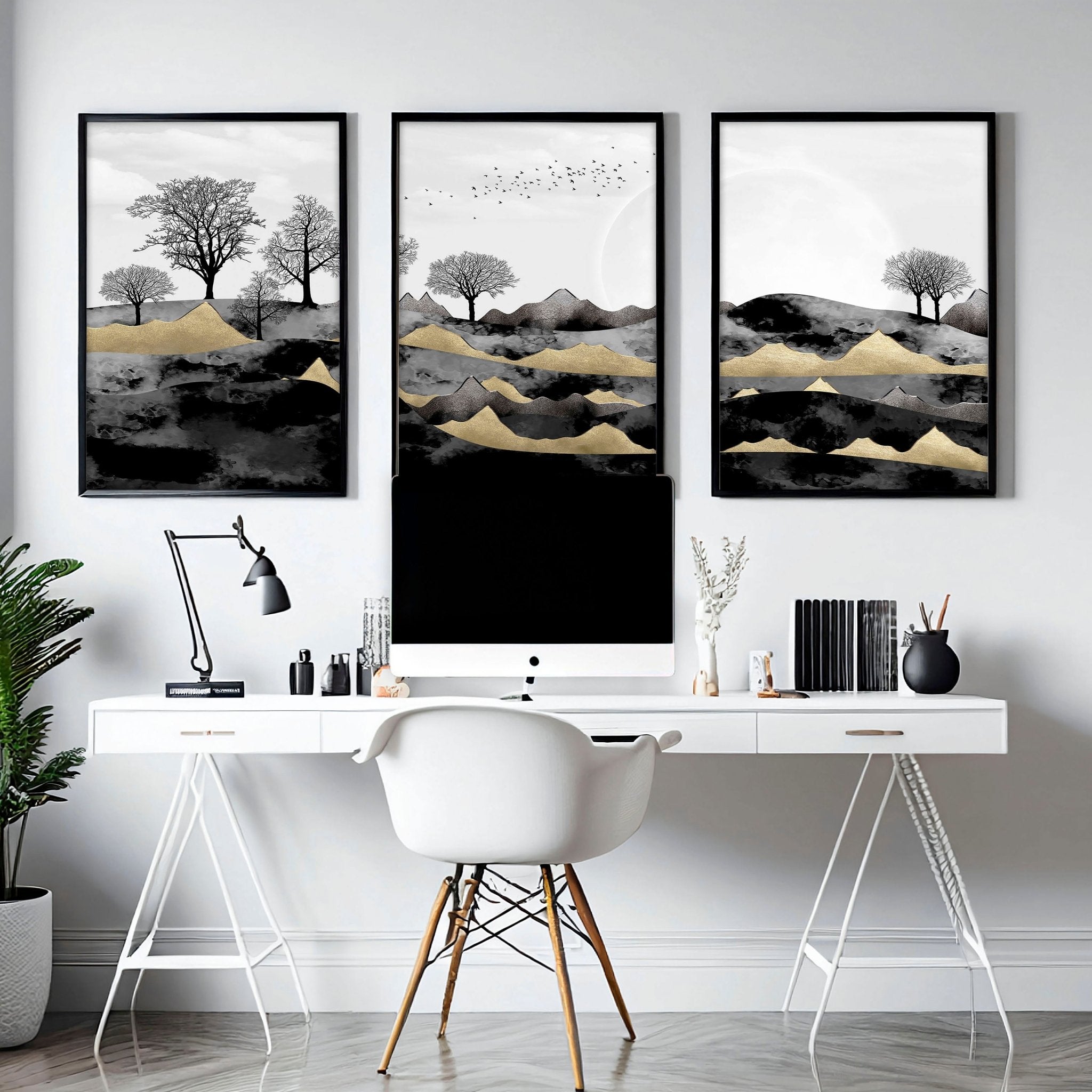 Set of 3 Scandinavian wall art prints featuring a Dark Nordic Forest Landscape, showcasing minimalistic design with black, grey, and gold tones.