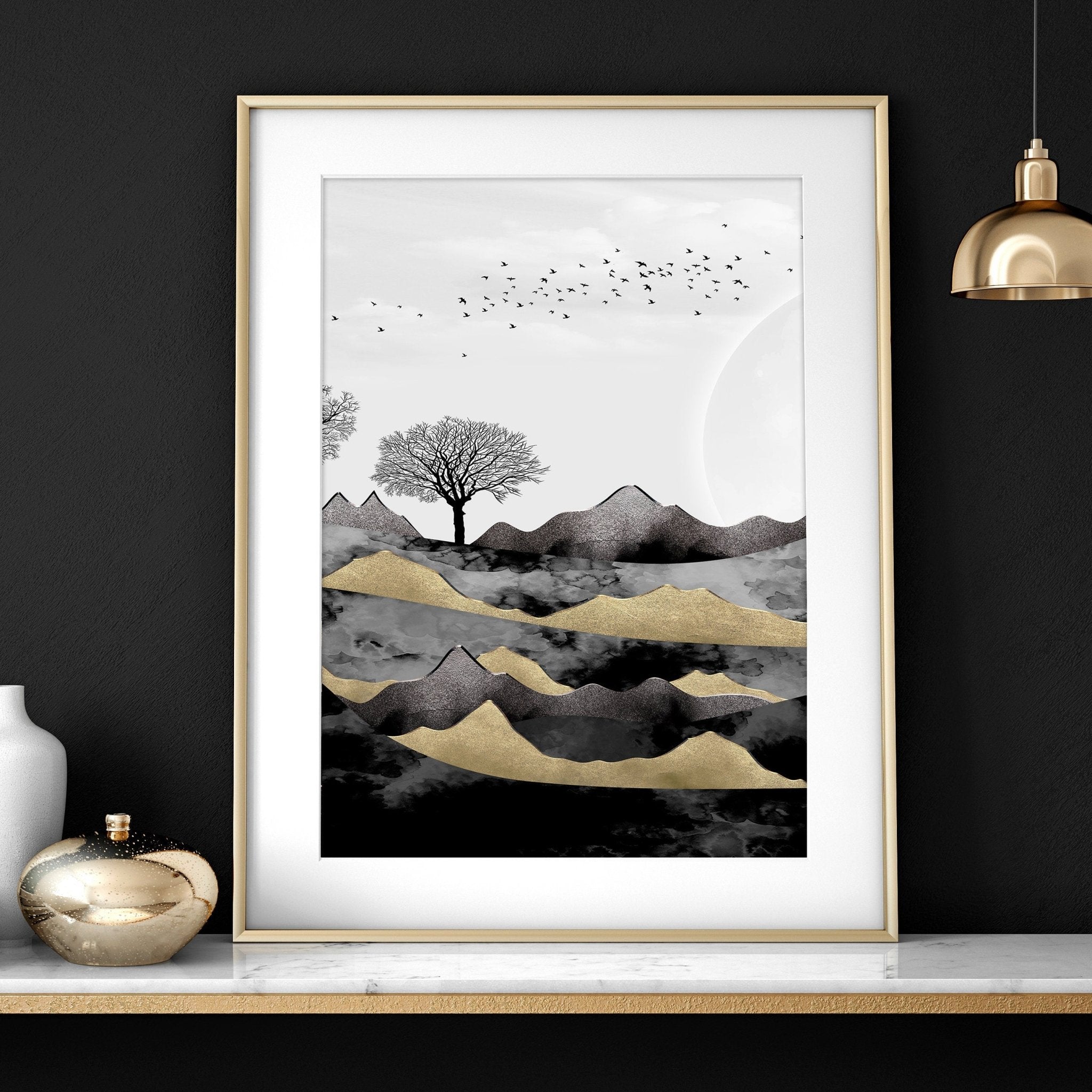 Set of 3 Scandinavian wall art prints featuring a Dark Nordic Forest Landscape, showcasing minimalistic design with black, grey, and gold tones.