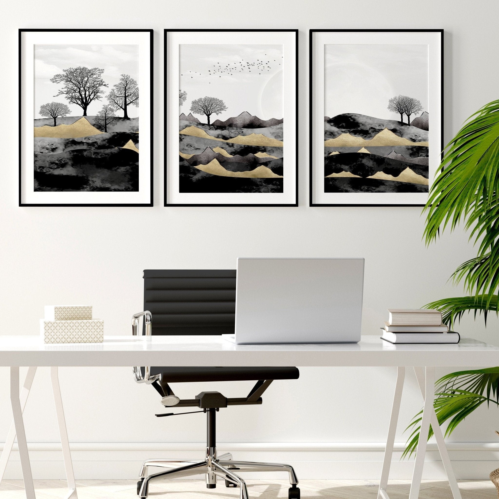 Set of 3 Scandinavian wall art prints featuring a Dark Nordic Forest Landscape, showcasing minimalistic design with black, grey, and gold tones.