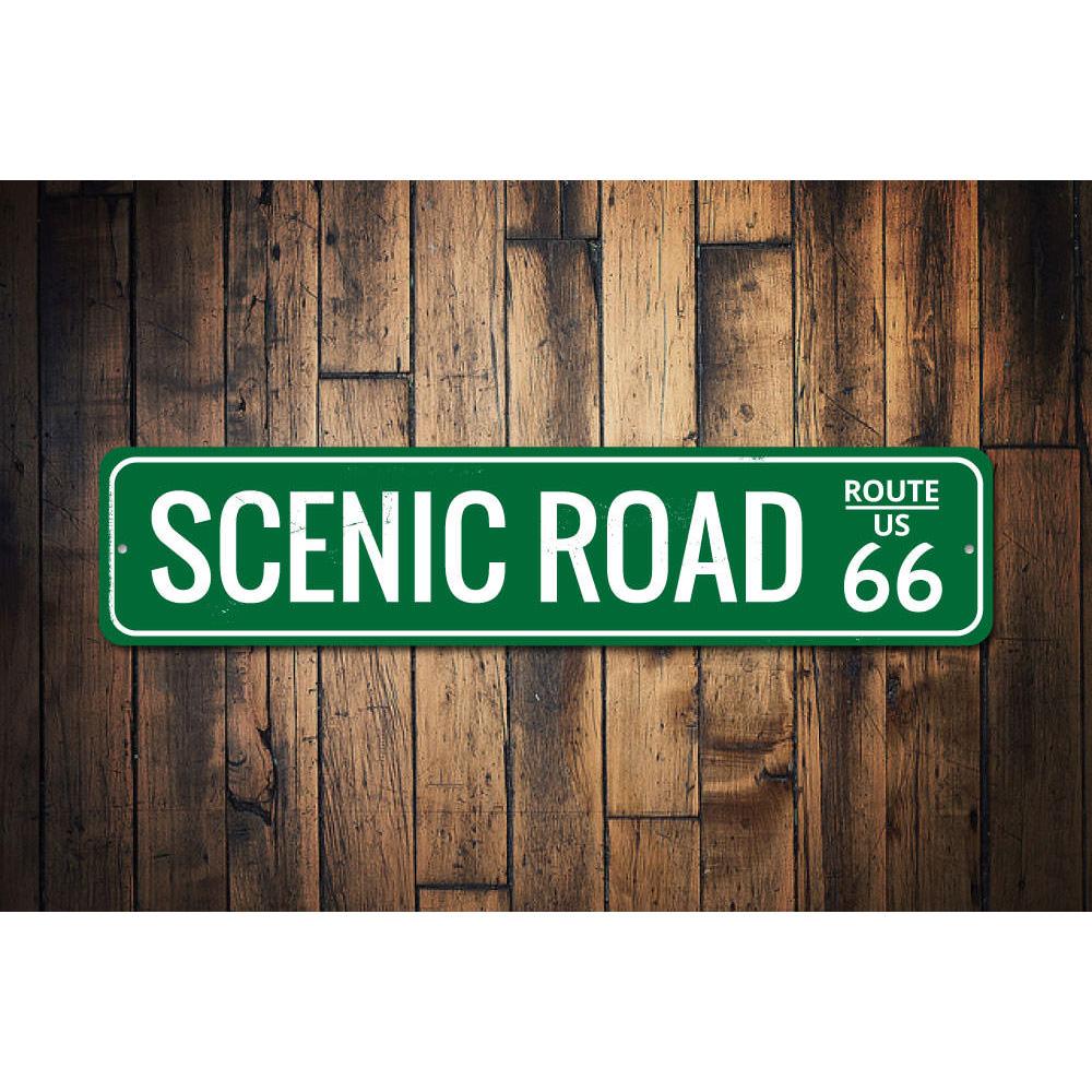 Scenic Road US Route 66 Sign made of high-quality aluminum, featuring vibrant colors and a classic design, perfect for home decor.