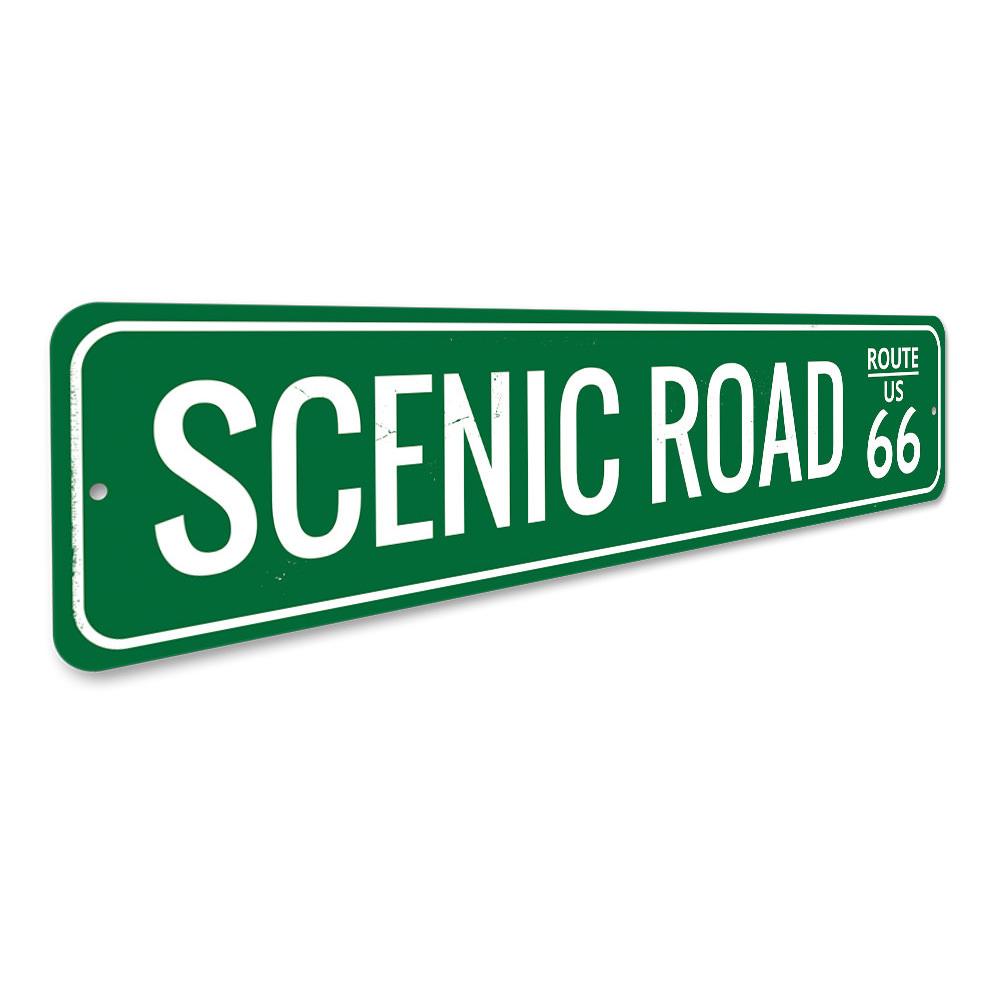 Scenic Road US Route 66 Sign made of high-quality aluminum, featuring vibrant colors and a classic design, perfect for home decor.