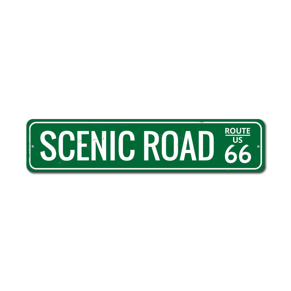 Scenic Road US Route 66 Sign made of high-quality aluminum, featuring vibrant colors and a classic design, perfect for home decor.