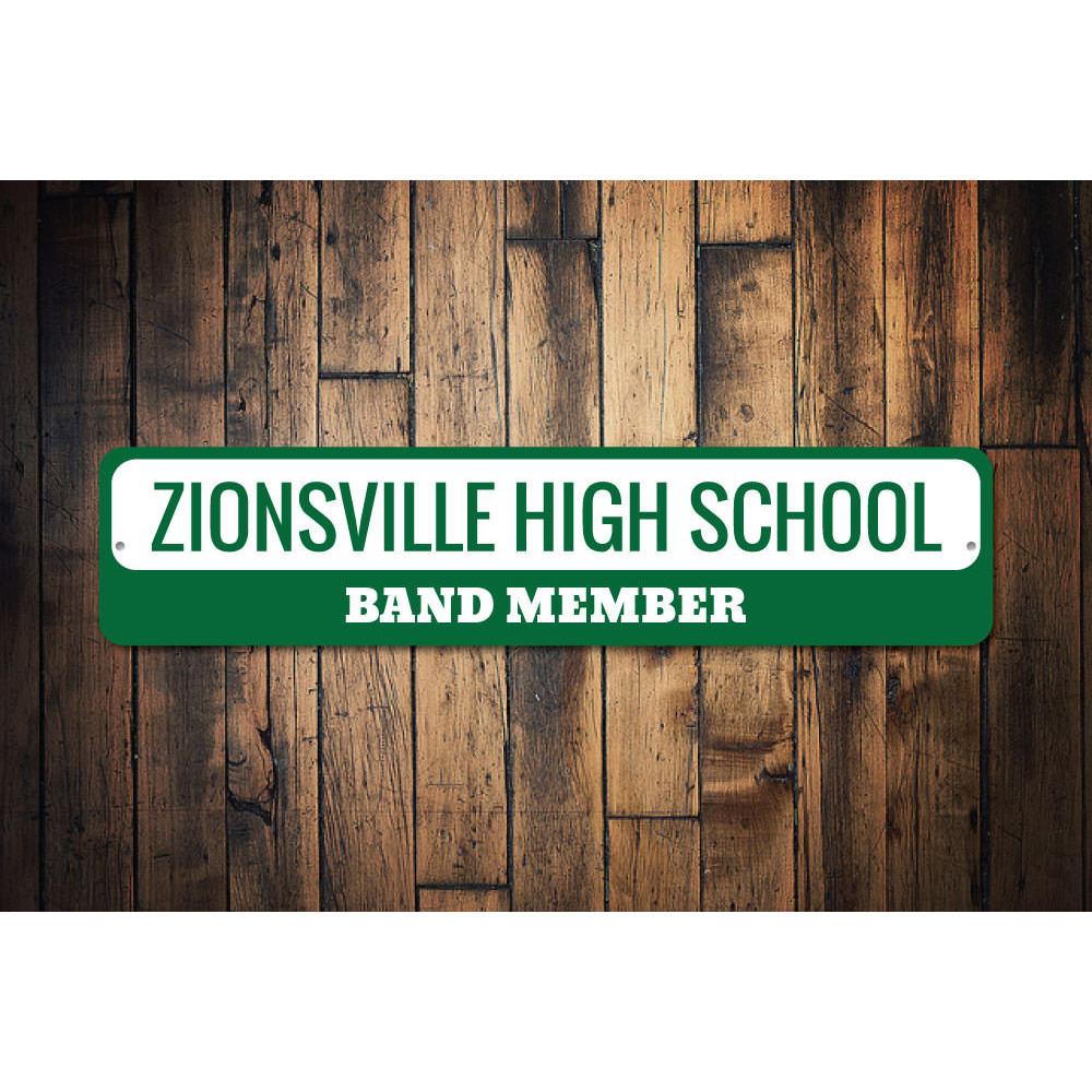 Customizable School Band Sign made of high-quality aluminum, featuring pre-drilled holes for easy mounting, perfect for home decor.