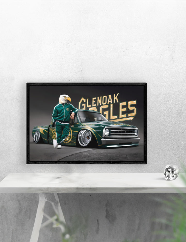 Schools GlenOak Eagles 2 Poster Print framed in a solid MDF wood frame, showcasing vibrant graphics with a matte finish.