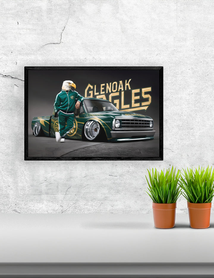 Schools GlenOak Eagles 2 Poster Print framed in a solid MDF wood frame, showcasing vibrant graphics with a matte finish.