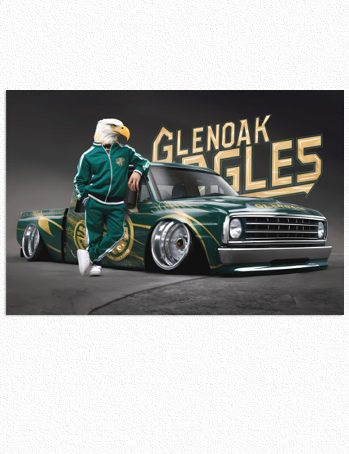 Schools GlenOak Eagles 2 Poster Print framed in a solid MDF wood frame, showcasing vibrant graphics with a matte finish.