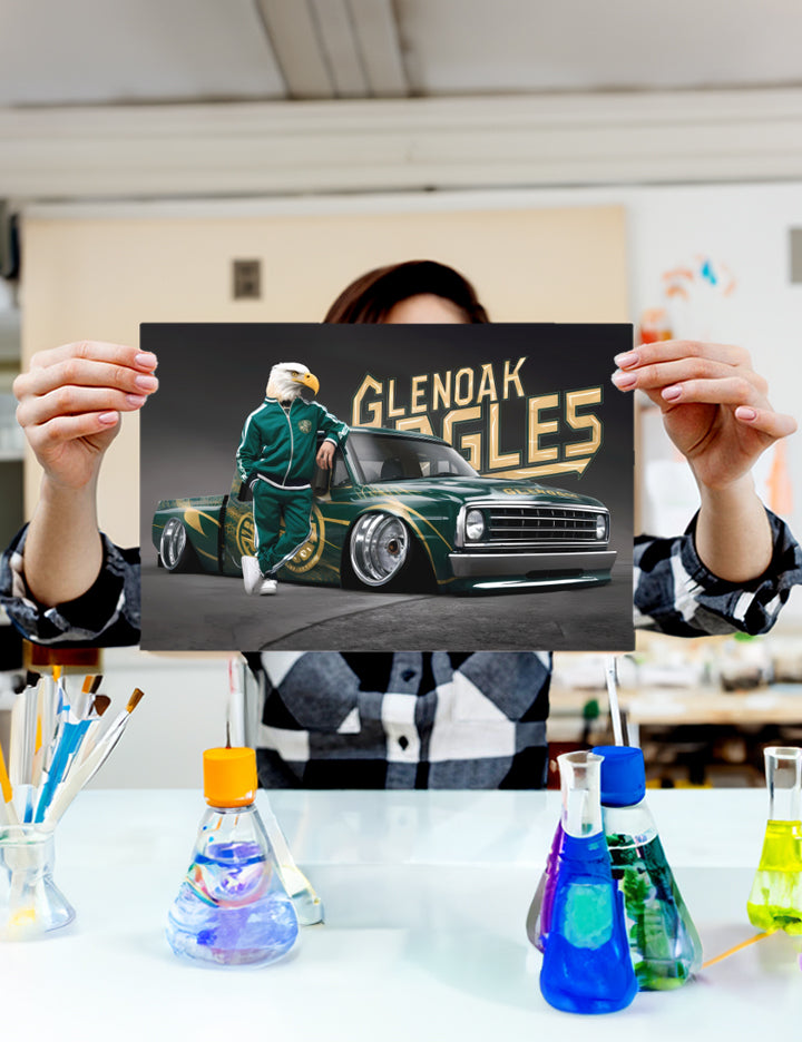 Schools GlenOak Eagles 2 Poster Print framed in a solid MDF wood frame, showcasing vibrant graphics with a matte finish.