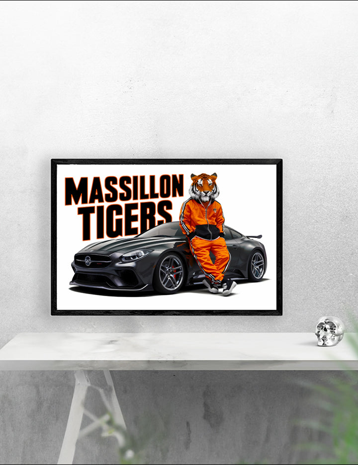 Framed Schools Massillon Tigers 1 Poster Print showcasing vibrant graphics in a matte finish, framed in solid MDF wood.