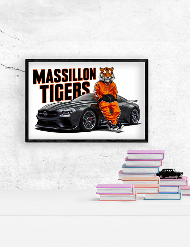 Framed Schools Massillon Tigers 1 Poster Print showcasing vibrant graphics in a matte finish, framed in solid MDF wood.