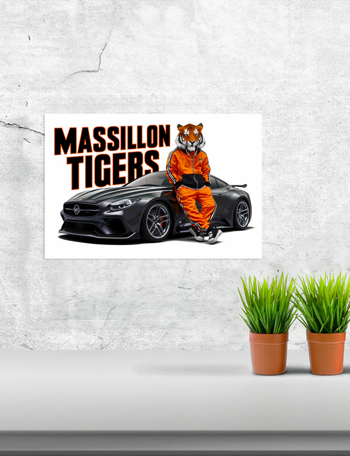 Framed Schools Massillon Tigers 1 Poster Print showcasing vibrant graphics in a matte finish, framed in solid MDF wood.