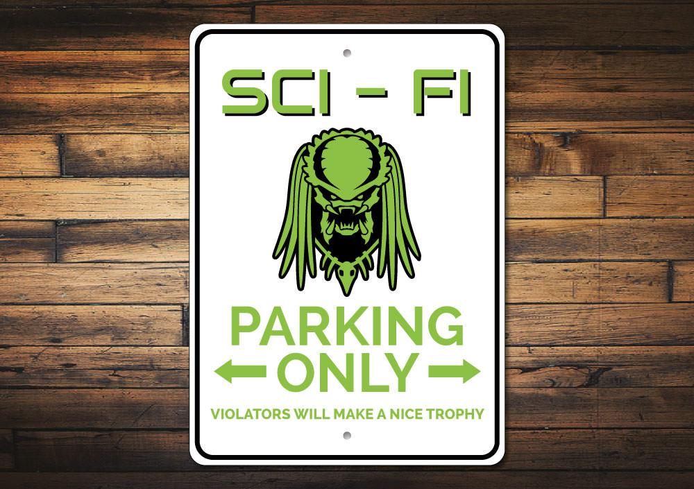 A vibrant Sci Fi Parking Sign made of durable aluminum, featuring unique designs for reserved parking spots, suitable for various vehicles.