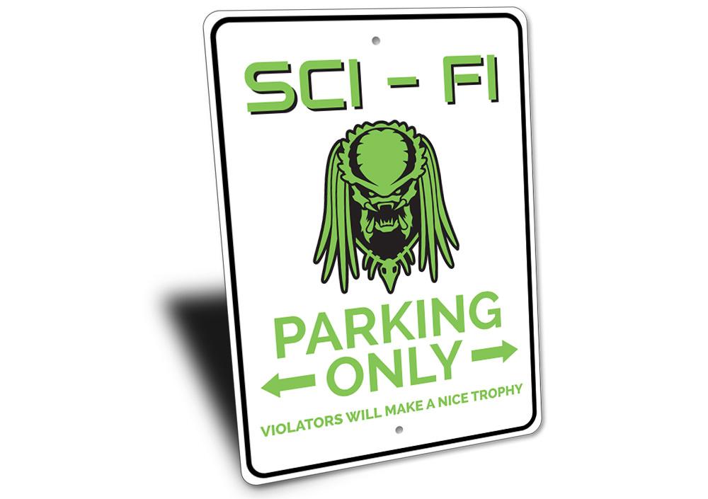 A vibrant Sci Fi Parking Sign made of durable aluminum, featuring unique designs for reserved parking spots, suitable for various vehicles.