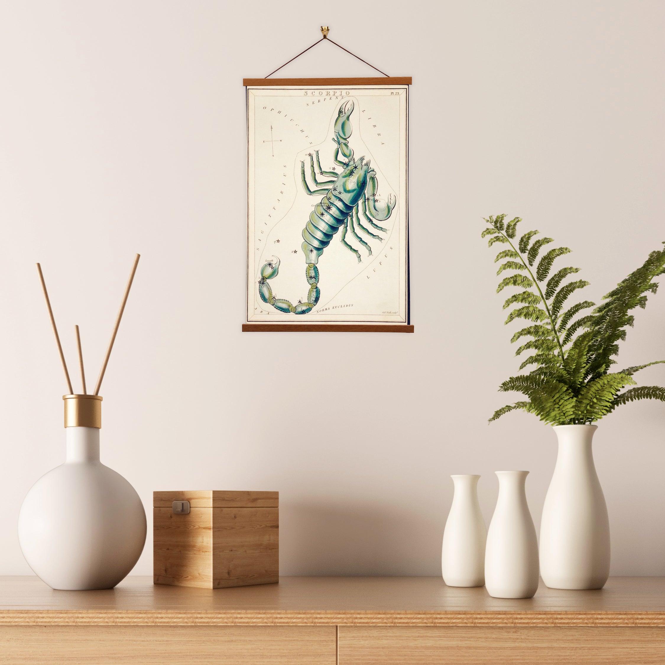 A detailed canvas print of the Scorpio constellation by Sidney Hall, showcasing intricate stars and the scorpion shape.