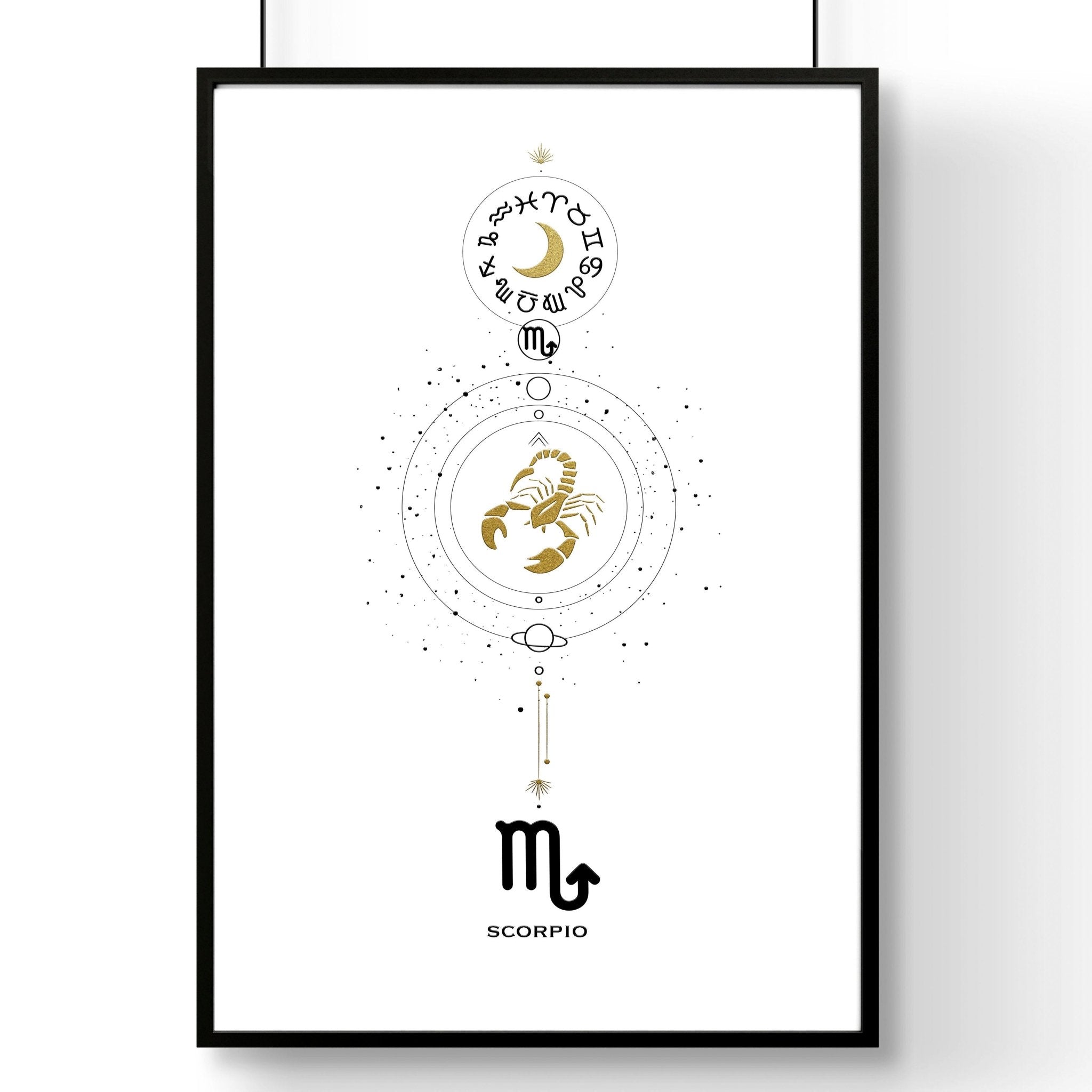 Scorpio Zodiac wall art print featuring the Scorpio symbol in black, white, and gold colors, elegantly designed for home decor.