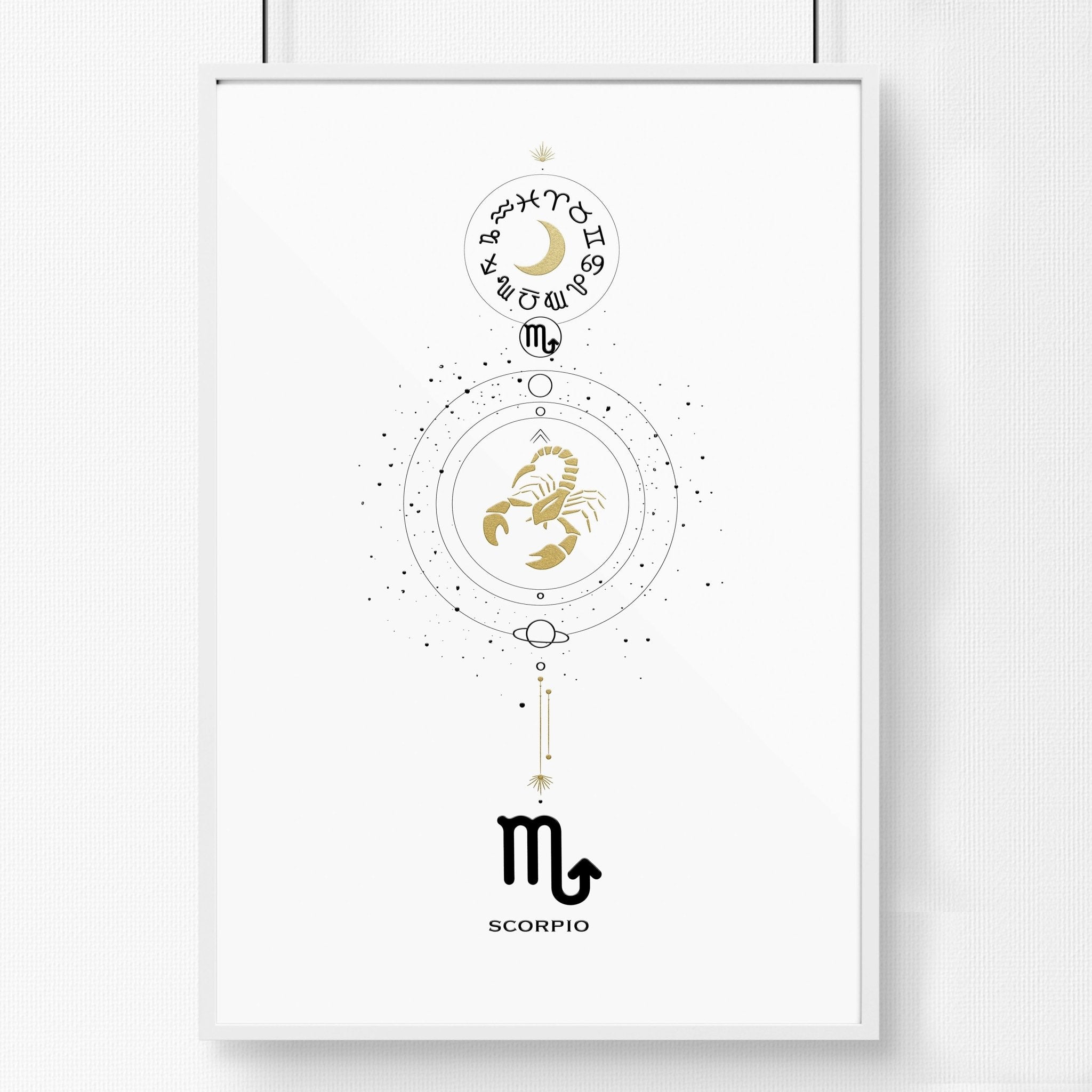 Scorpio Zodiac wall art print featuring the Scorpio symbol in black, white, and gold colors, elegantly designed for home decor.