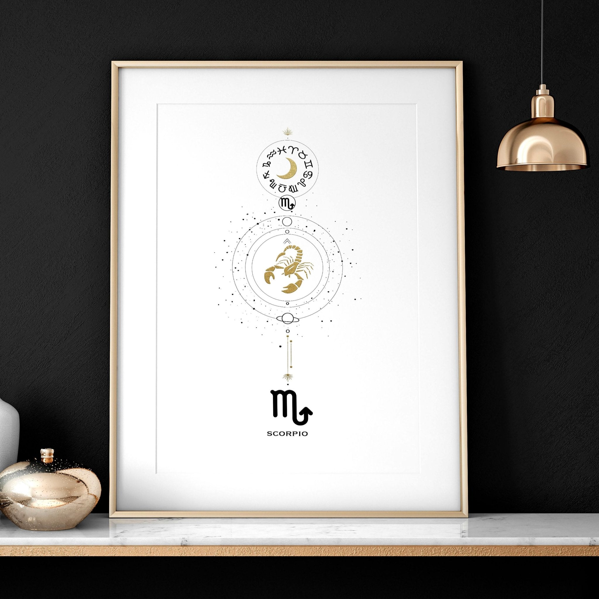 Scorpio Zodiac wall art print featuring the Scorpio symbol in black, white, and gold colors, elegantly designed for home decor.